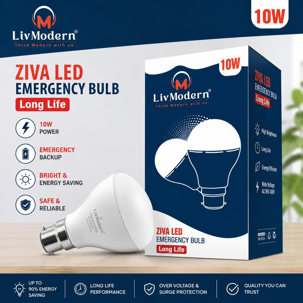 LivModern Ziva 10W LED Emergency Bulb  Rechargeable Inverter LED Bulb  Long Life  Energy Saving  Emergency Backup